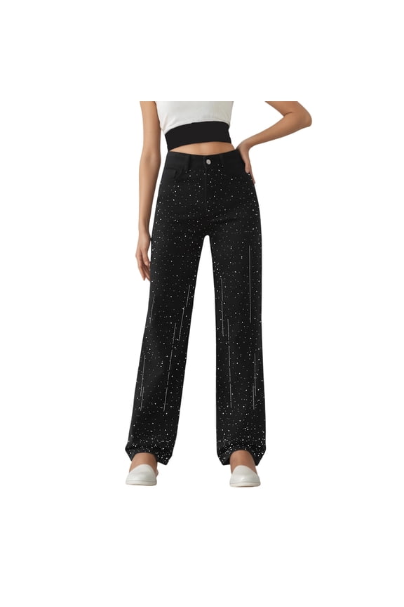 Straight Leg Jeans Rhinestone High Waisted Pearl Boyfried Denim Pants Sparkly Bling Glitter Bedazzled Jeans, Size L