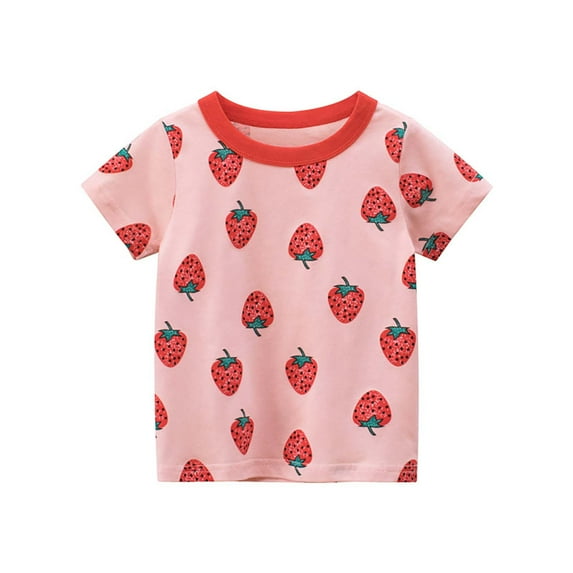 YUEHUA T Shirts for Girls Size 7/8 Summer Girls Co Tt On Printed Short Sleeved T Shirt With Strawberry Cartoon Pattern All Over, Size 7-8 Years