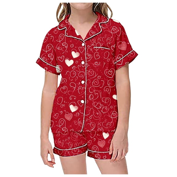YUEHUA Toddler Girls Floral Silk Pajamas Short Sleeve Button-Up Top Shorts Summer 2PC Valentine's Day Flowers Satin Pajamas Set, Size 4-5 Years