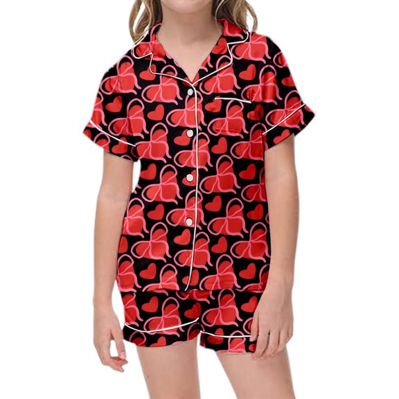YUEHUA Toddler Girls Pajamas Silk Satin Pajama Set Heart Print 2 Piece Button Down Pjs Ruffle Valentine's Day Sleepwear