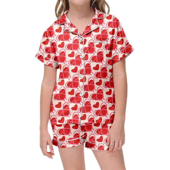 YUEHUA Toddler Girls Pajamas Silk Satin Pajama Set Heart Print 2 Piece Button Down Pjs Ruffle Valentine's Day Sleepwear