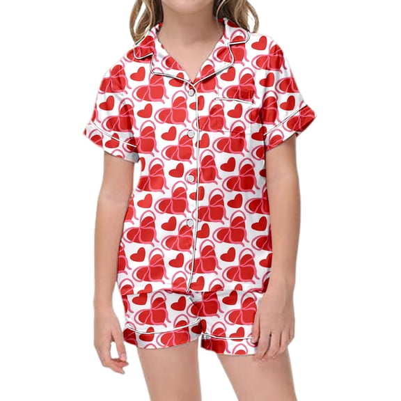 YUEHUA Toddler Girls Pajamas Silk Satin Pajama Set Heart Print 2 Piece Button Down Pjs Ruffle Valentine's Day Sleepwear