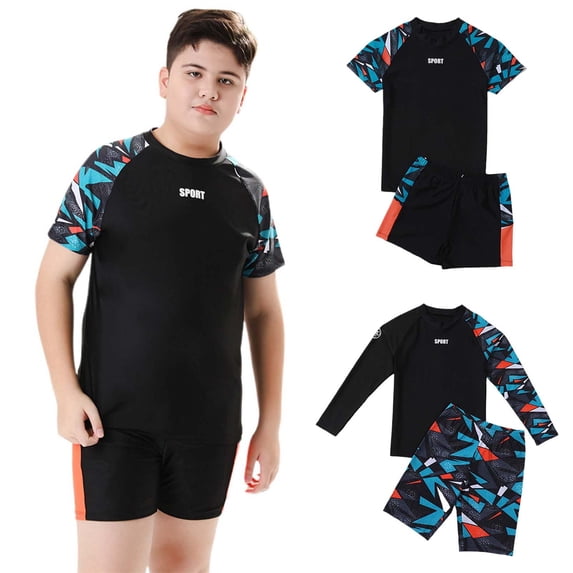 YUEHUA Toddler Kid Boys Plus Size Rash Guard Set for Kids Boys 2 Piece Short Sleeve Swim Shirts with Trunks Quick Dry Bathing Suits Swim Set, Size 140