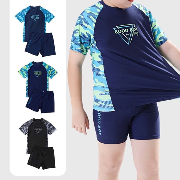 YUEHUA Toddler Kid Boys Plus Size Rash Guard Set for Kids Boys 2 Piece Short Sleeve Swim Shirts with Trunks Quick Dry Bathing Suits Swim Set, Size 190
