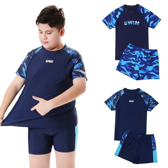 YUEHUA Toddler Kid Boys Plus Size Rash Guard Set for Kids Boys 2 Piece Short Sleeve Swim Shirts with Trunks Quick Dry Bathing Suits Swim Set, Size 190