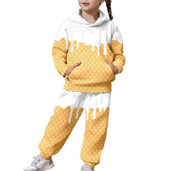 YUEHUA Toddlers Girls Boys 2 Piece Tracksuit Athletic Sweatsuits Sets 3D Ice Cream Prints Hooded Sweatshirt and Jogger Sweatpants Clothing Sets for Kids, Size 4-5 Years