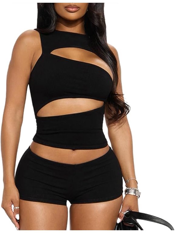Two Piece Outfits for Women Going Out Sleeveless Summer Matching Sets Cut Out Crop Top Bodycon Shorts Night Out Streetwear