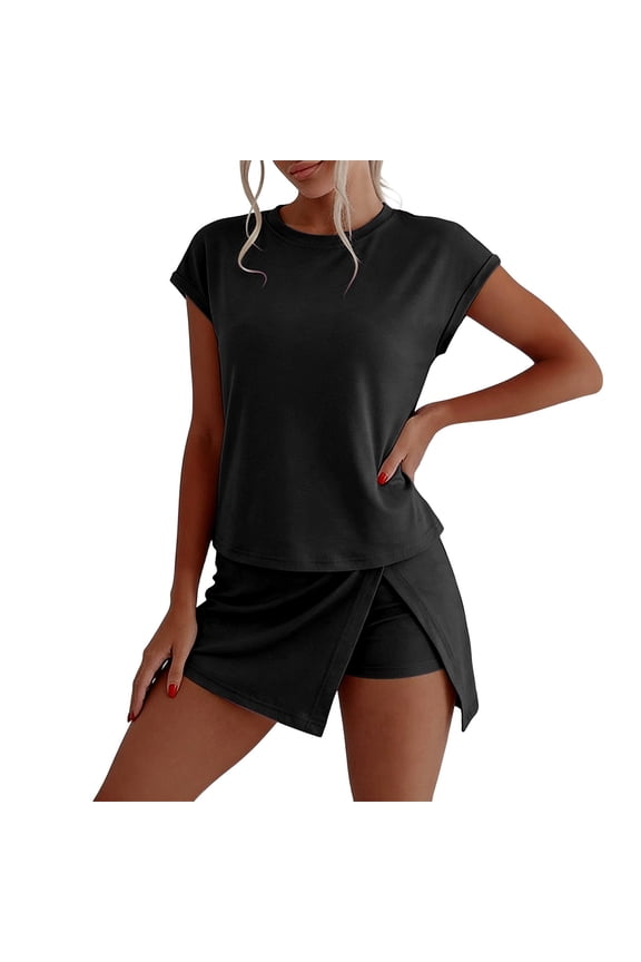 Two Piece Skirt Sets for Women 2026 Summer Travel Outfits Tennis Skirt Crew Neck Top Workout Tracksuits Short Sets