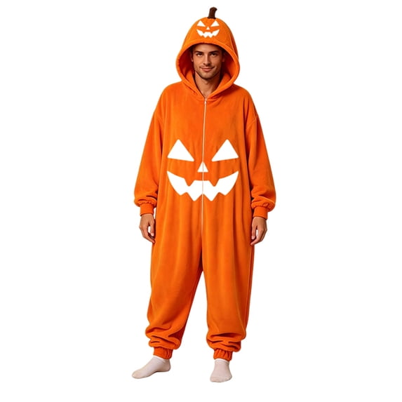 YUEHUA Unisex Fluffy Loungewear Suit, Halloween Plush Onesie, Light Flannel Full Zip Hooded Jumpsuit, Cartoon Pumpkin Print Loose Breathable Night Clothing