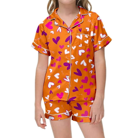 YUEHUA Unisex Kids Boys and Girls Valentines Pajama Sets Summer Short Sleeve With Shorts Sleepwear Satin Button Down Loungewear