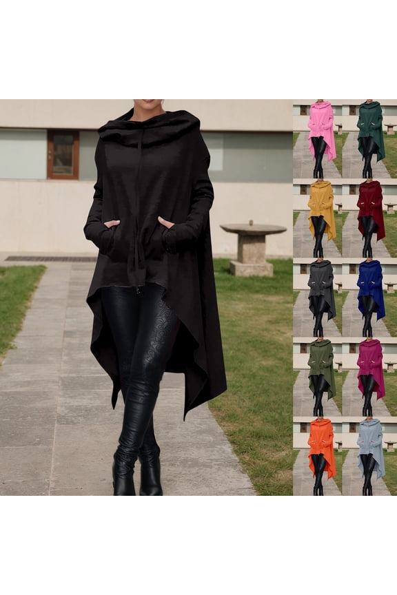 Vintage Long Hooded Sweatshirt for Women High Low Hem Gothic Sweatshirts Drape Irregular Hem Y2k Hoodies with Pockets