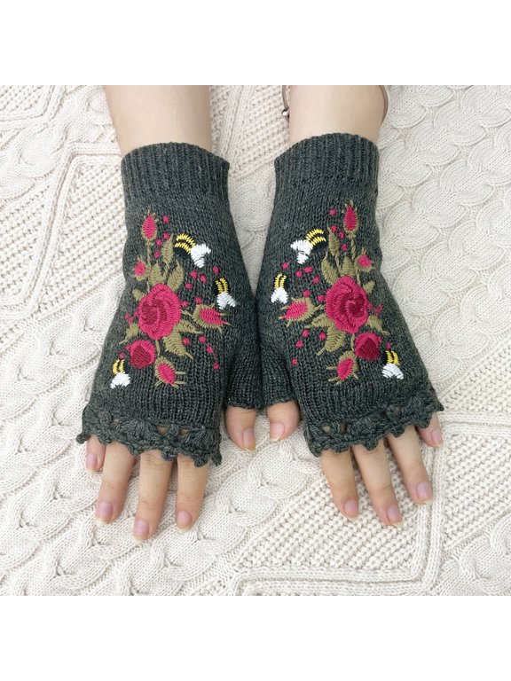 Winter Warm Crochet Mittens, Handmade Embroidery Floral Pattern, Fingerless Knit Warm Gloves, Winter Warm Mittens
