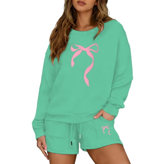 YUEHUA Women 2 Piece Outfits Bow Print Hoodies and Sweat Shorts Sets 2025 Loose Fit Fleeced Casual Fall Spring Tracksuits Set