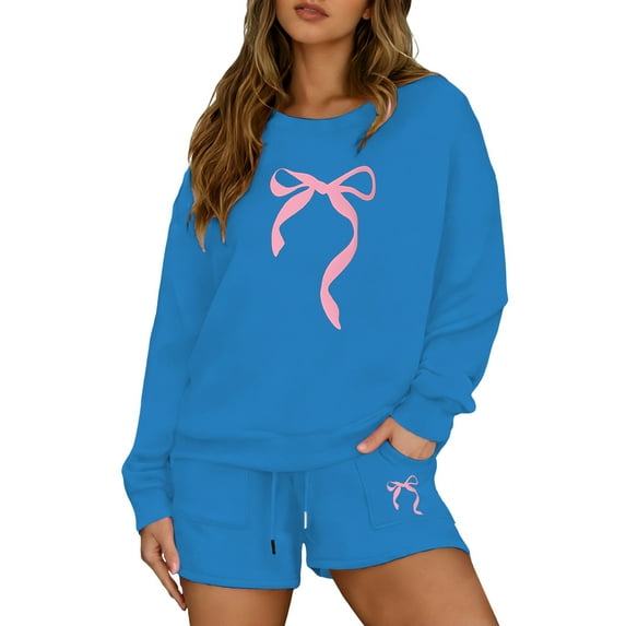YUEHUA Women 2 Piece Outfits Bow Print Hoodies and Sweat Shorts Sets 2025 Loose Fit Fleeced Casual Fall Spring Tracksuits Set