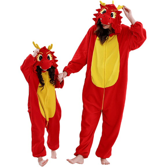 YUEHUA Women Men Dragon Onesie Pajama Family Matching Christmas Pajamas Unisex Adult Plush Animal Sleepwear Jumpsuit Christmas Gift for Dad Mom, M