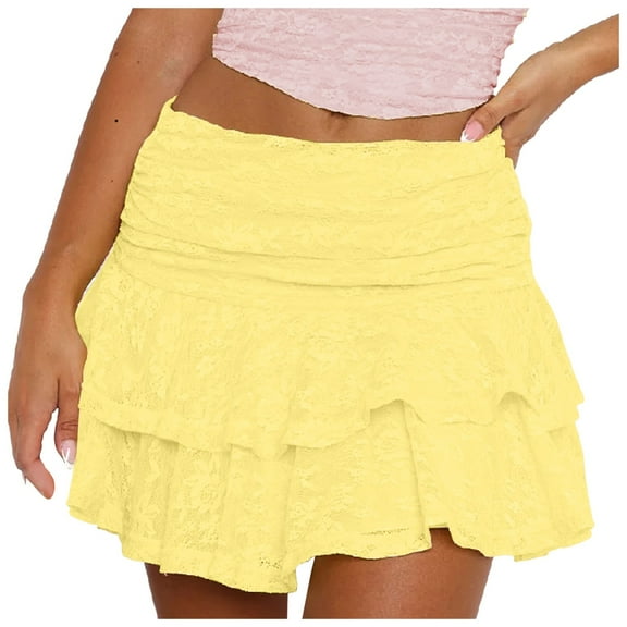 YUEHUA Women Y2k Floral Lace Mini Skirt Ruffle Layered Mesh Low Waist Sheer Short Skirt Pleated A Line Princess Mini Skirts Streetwear