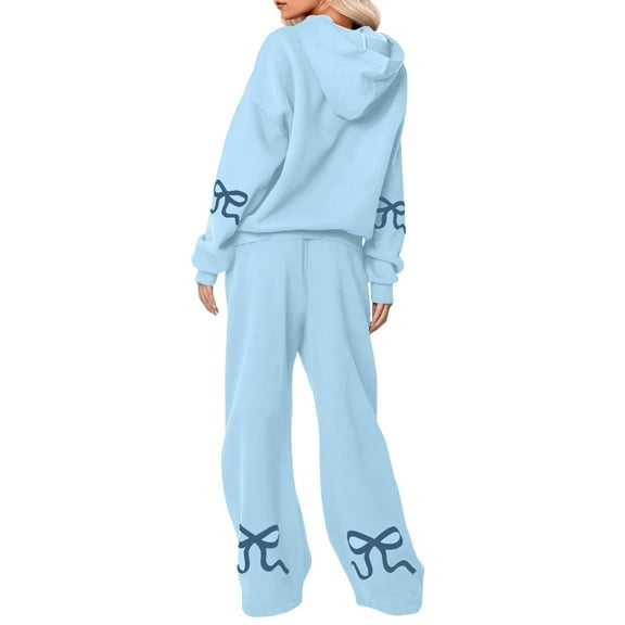 YUEHUA Women's 2 Piece Outfits Bow Trim Graphic Print Hoodie Sweatsuit Sets Oversized Sweatshirt Wide Leg High Waist Sweatpants Tracksuit With Pocketsc