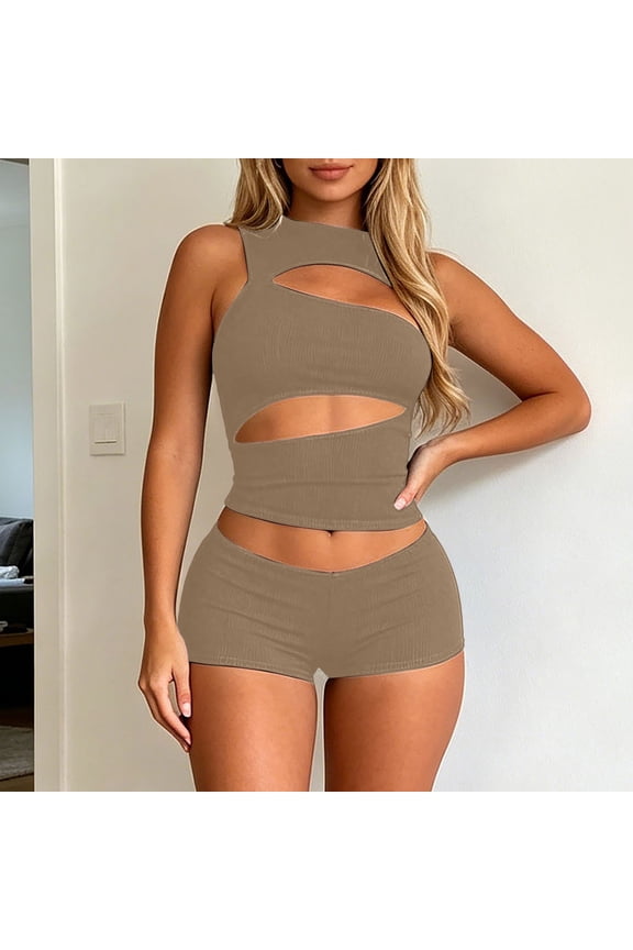 Women’s 2 Piece Outfits Micro Mini Sleeveless Cut Out Crop Top Bodycon Shorts Set Night Out Club Outfits Y2K Streetwear