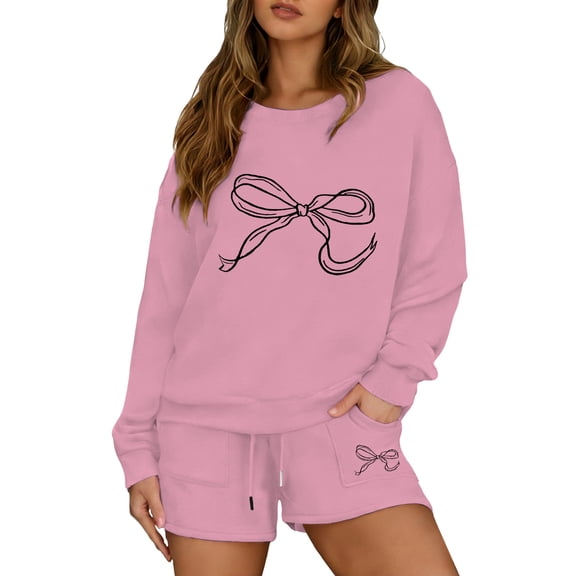 YUEHUA Women's 2 Piece Outfits Summer Sweatsuit Long Sleeve Bow Print Drawstring Hoodies and Lounge Sets With Pocket