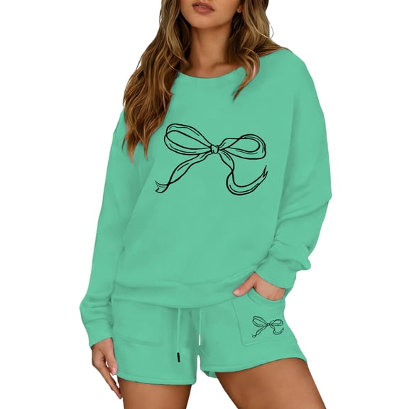YUEHUA Women's 2 Piece Outfits Summer Sweatsuit Long Sleeve Bow Print Drawstring Hoodies and Lounge Sets With Pocket