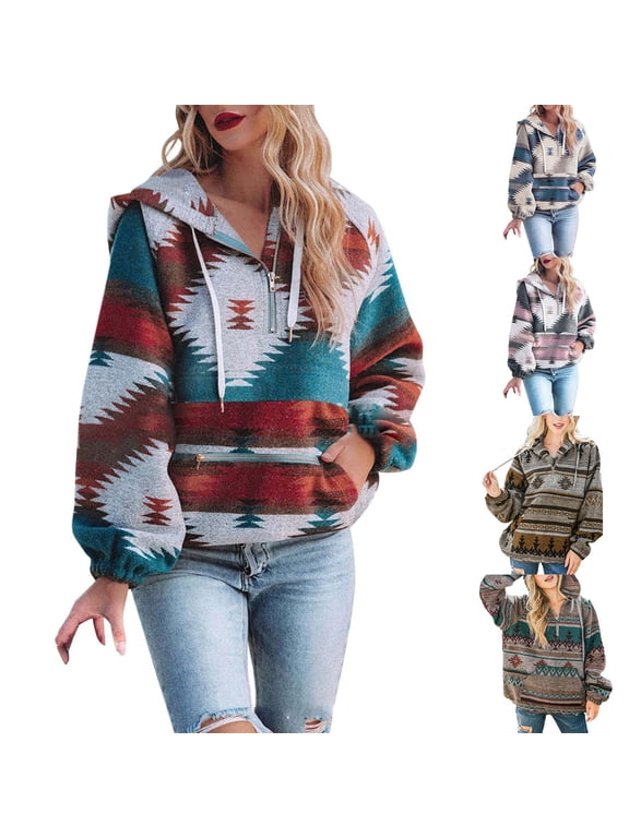 Women's Aztec Print Pattern Hoodies Western Ethnic Half Zip Long Sleeve Pullover Hoodie Sweatshirt