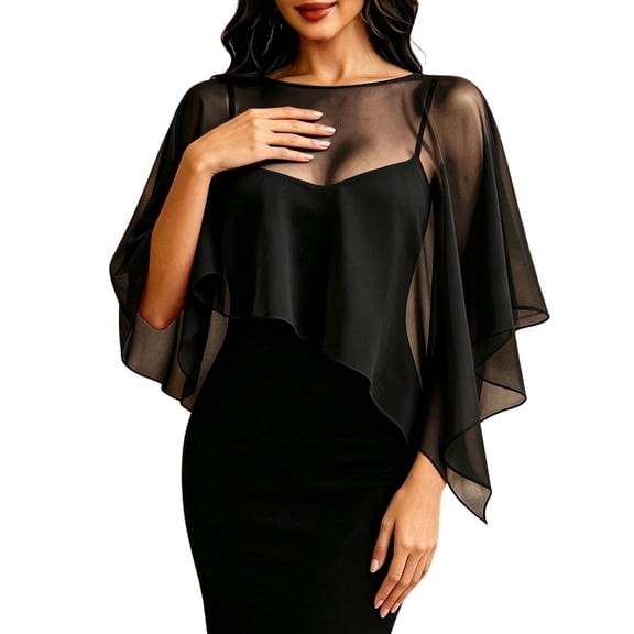 YUEHUA Women's Chiffon Shawl Wrap Capelet Batwing Sleeves Elegant Evening Wedding Top Sheer Mesh Asymmetric Hem Formal Cover Up