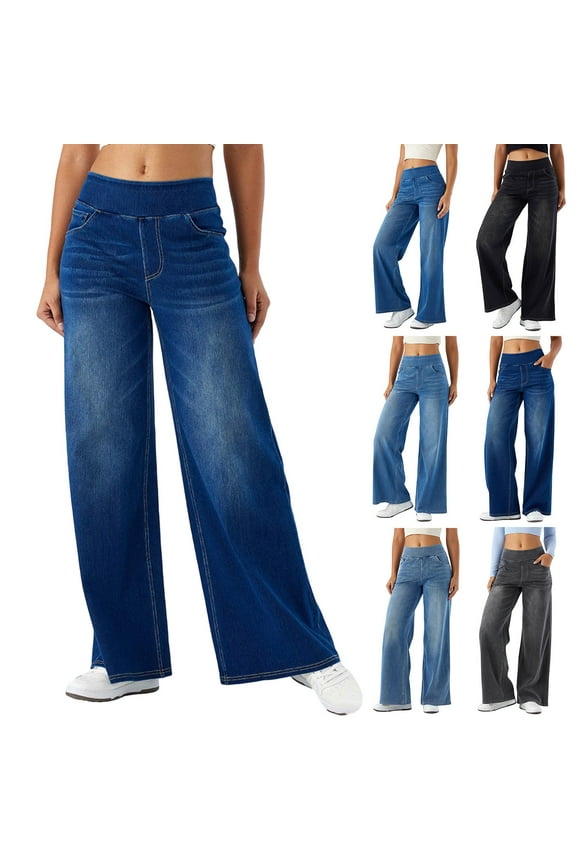 Women's High Rise Wide Leg Jeggings - Stretch Pull On Jeans-Style Pants, Soft Elasticity Casual Denim with Pockets
