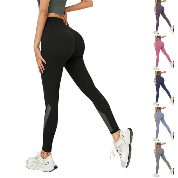 YUEHUA Women's High Waist Mesh Panel Yoga Leggings, Tummy Control Butt Lifting Compression Pants, Stretchy Workout Tights for Fitness & Sports