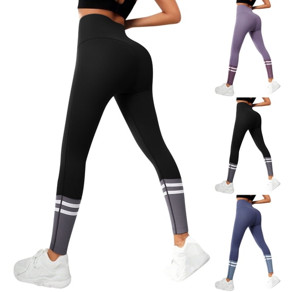 YUEHUA Women's High Waist Striped Hem Yoga Leggings, Tummy Control Butt Lifting Compression Pants, Stretchy Workout Tights for Gym & Running