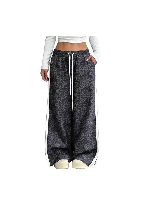 Women's Leopard Baggy Wide Leg Sweatpants Drawstring High Waisted Leopard Print Lounge Barrel Trousers Athletic Sweat Pants with Pockets