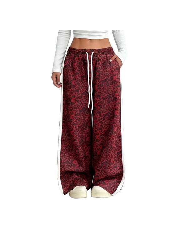 Women's Leopard Baggy Wide Leg Sweatpants Drawstring High Waisted Leopard Print Lounge Barrel Trousers Athletic Sweat Pants with Pockets