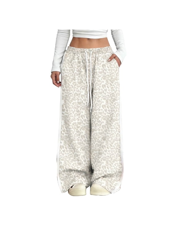 Women's Leopard Baggy Wide Leg Sweatpants Drawstring High Waisted Leopard Print Lounge Barrel Trousers Athletic Sweat Pants with Pockets