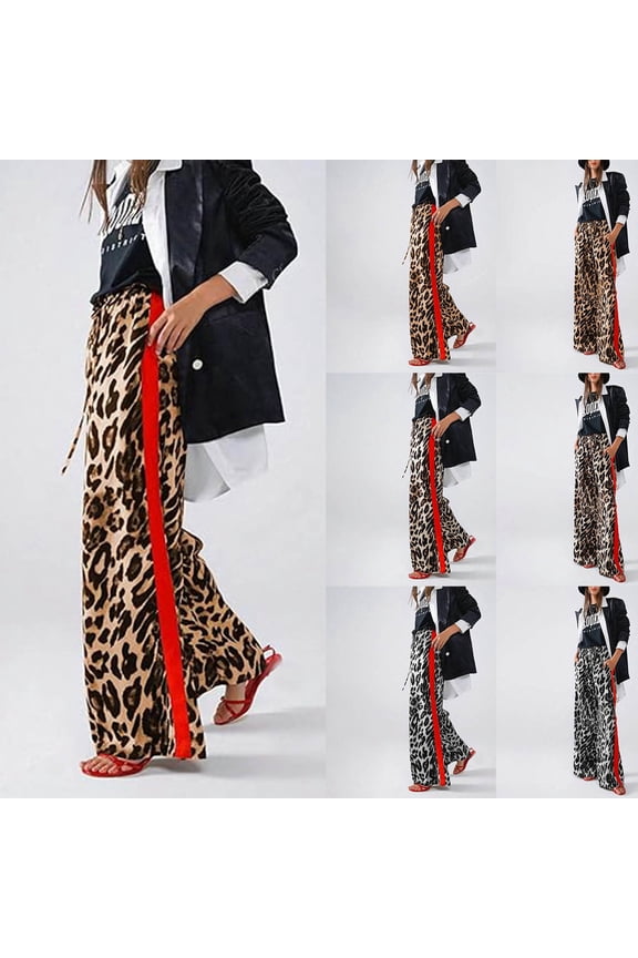 Women's Leopard Print Pants Color Block Side Striped Loose Pants Y2K Cheetah Wide Leg Trousers with Drawstring Pockets