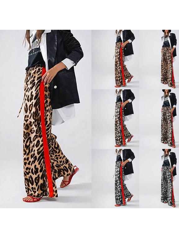 Women's Leopard Print Pants Color Block Side Striped Loose Pants Y2K Cheetah Wide Leg Trousers with Drawstring Pockets
