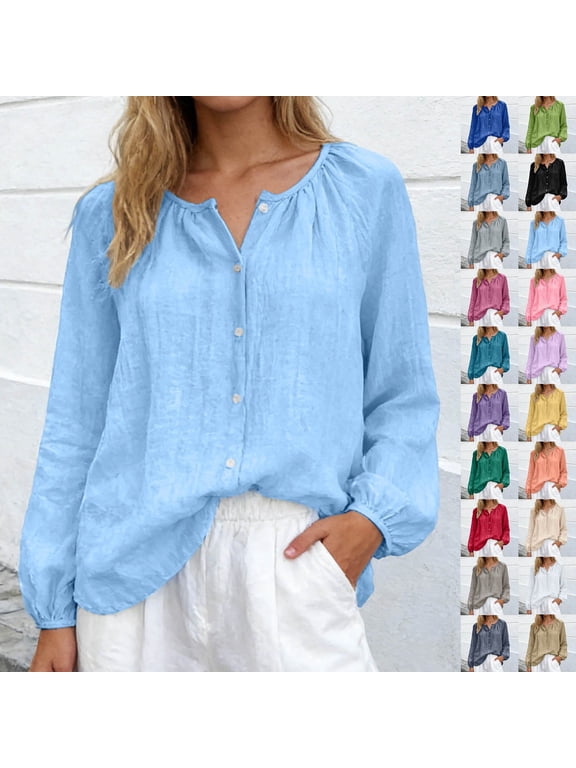 Women's Linen Blend Button-Down Blouse, Round Neck Long Sleeve Tunic, Loose Fit Casual Shirt with Bubble