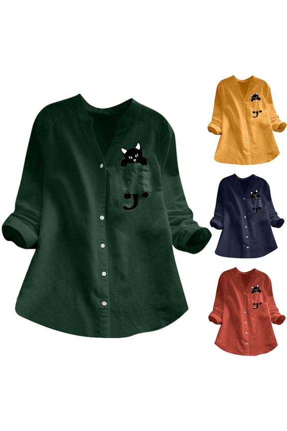 Women's Linen Blend Cat Print Button Down Shirt, Roll-Up Sleeve V-Neck Tunic, Casual Cute Animal Print Top