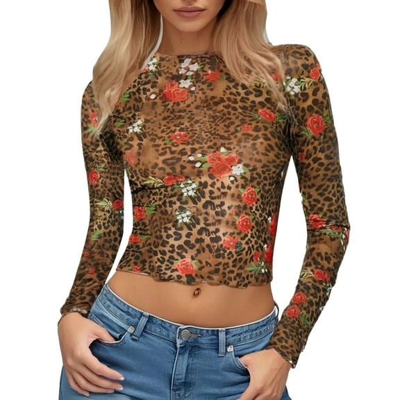 YUEHUA Women's Mesh Lace Long Sleeve Leopard Top Neck Sheer Blouse Floral Lace Layering Tops Y2k See Through Tee Shirt