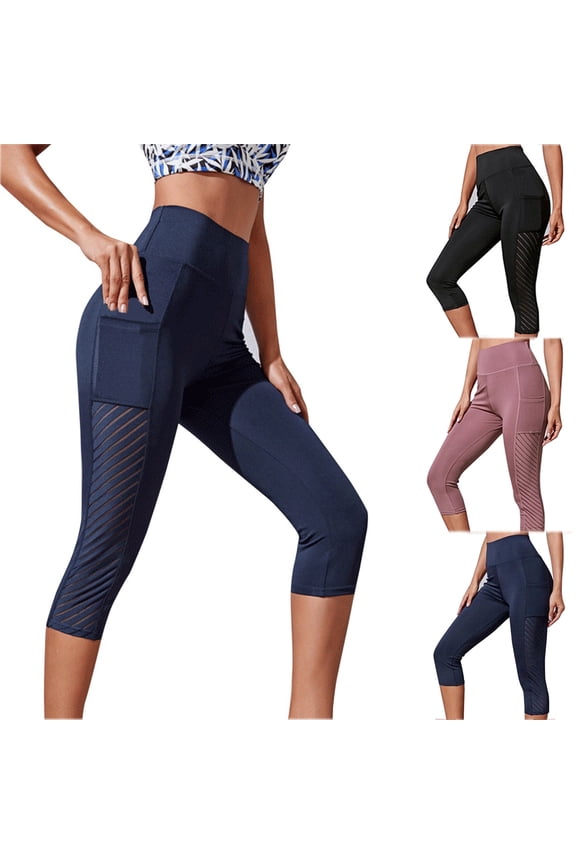 Women's Mesh Panel Capri Yoga Leggings with Pockets, Tummy Control Butt Lifting Pants, Breathable Compression Workout Tights