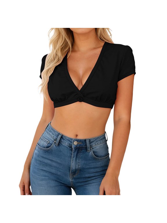 Women's Mimi Cropped Top V Neck Short Sleeve Summer Casual Button Crop Tops for Daily & Workout Wear