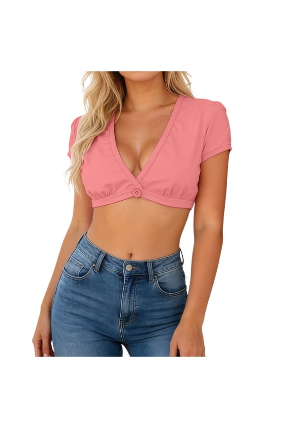 Women's Mimi Cropped Top V Neck Short Sleeve Summer Casual Button Crop Tops for Daily & Workout Wear