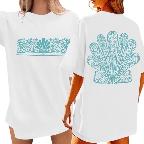 YUEHUA Women’s Multi-Color Seashell Print T-Shirt, Loose Fit Casual Short Sleeve Tee, Beach & Ocean Themed Oversized Top