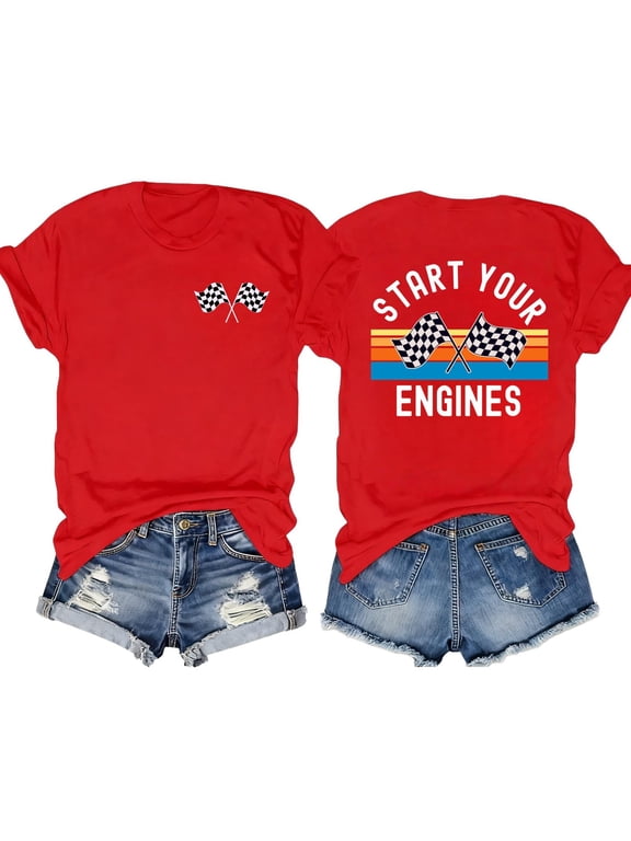 Women's Racing Shirt Checkered Flag Graphic car Shirts Race Lover Shirt Raceday Casual Short Sleeve Tee Tops