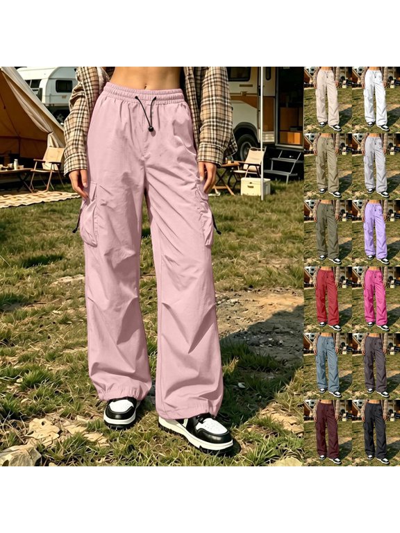 Women's Relaxed Fit Workwear Pants with Wide Leg and Patch Pockets, High Waisted Drawstring Cargo Trousers for Casual Comfort and Daily Outfits
