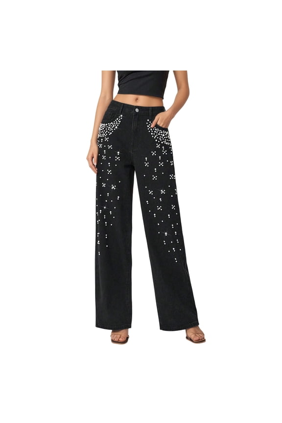 Women's Rhinestone Embellished Straight Leg Jeans Star Sparkling Denim Pants for Parties Night Out Casual Glam, Size S