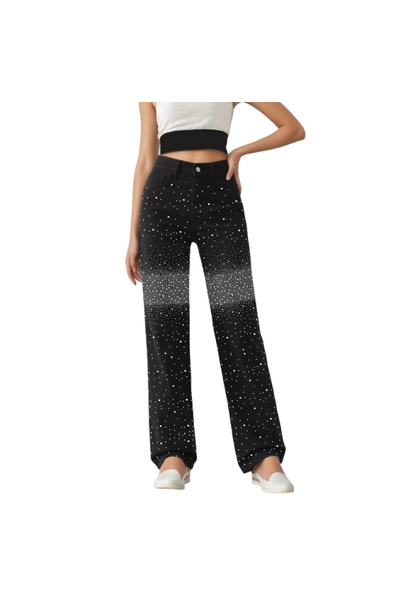 Women's Rhinestone Jeans High Waist Sright Leg Baggy Y2K Sparkly Vintage Wash Trousers Denim Pants, Size L