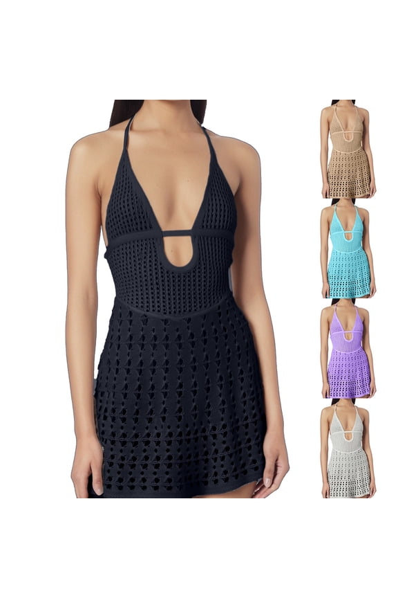 Women's Ribbed Knit Halter Swim Cover Up, Mini Dress, V Neck Beaded Trim Bikini Cover for Poolside