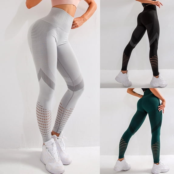 YUEHUA Women's Seamless Striped Yoga Leggings, Tummy Control & Butt Lifting, Stretchy Compression Workout Pants with Geometric Pattern
