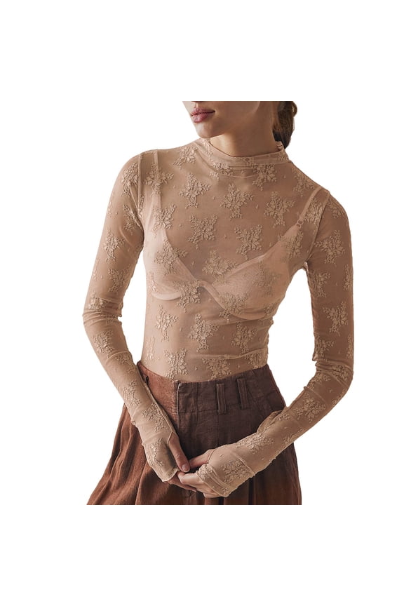 Women's See Through Long Sleeve Top Womens Sexy Sheer Tops See Thru T Shirts Mesh Lace Tees Blouses