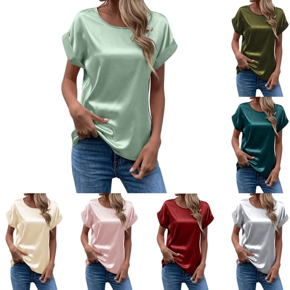 YUEHUA Women's Summer Dressy Casual Short Sleeve Shirts Crewneck Satin 2026 Business Office Work Blouse Tops