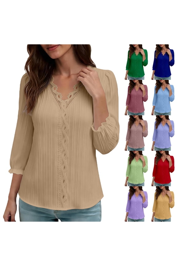 Women's Summer Dressy Casual Tops 3/4 Sleeve Lace Trim V Neck Shirts Elbow Length Blouse Elegant Trendy Tunic T shirts